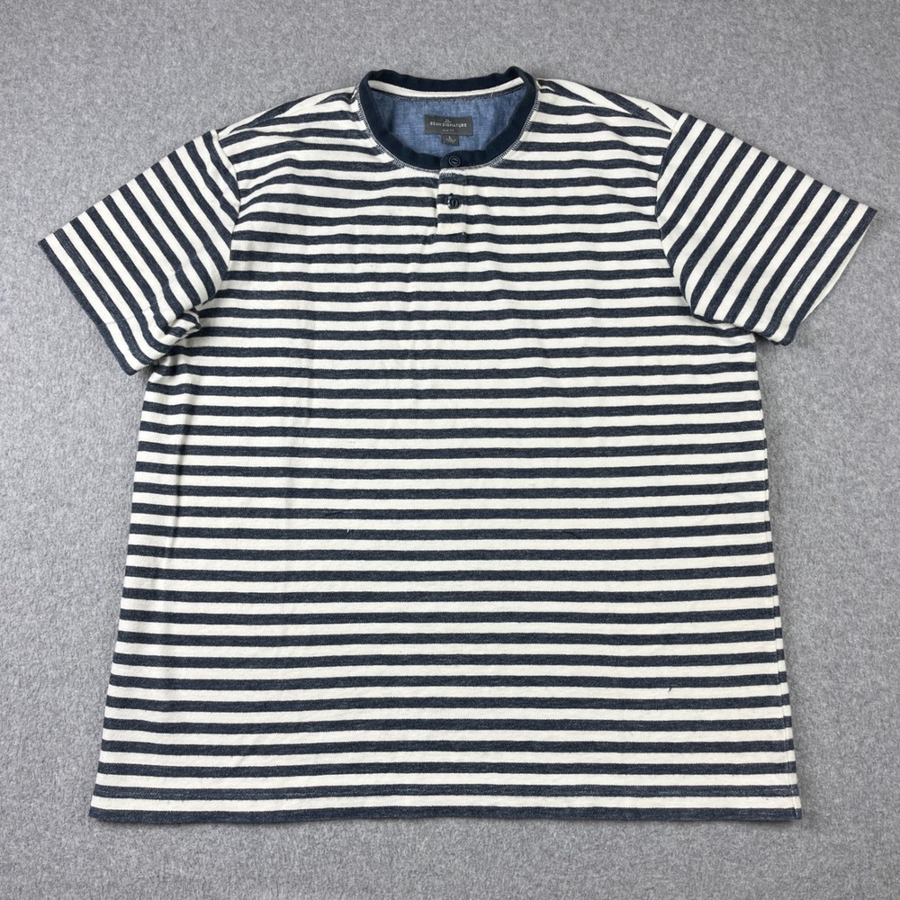 LL Bean Signature Henley Shirt Mens Large Blue White Striped Slim Short Sleeve